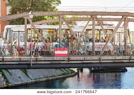 Poland, Wroclaw, May 13, 2018. Old Metal Bridge, Pedestrian Bridge In The City Center