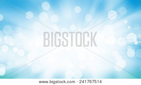 White Circle On Blue Blur Abstract Background. Bokeh Christmas Blurred Beautiful Shiny Christmas Lig