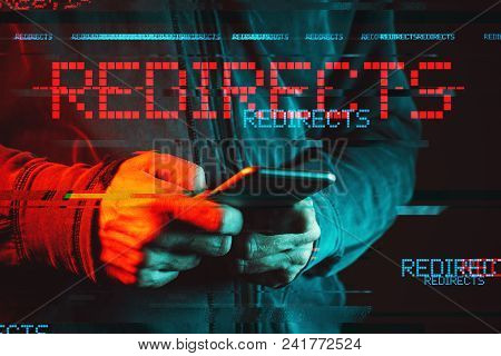Mobile Phone Redirects Malware Concept, Low Key Red And Blue Lit Image And Digital Glitch Effect