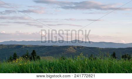 Carpathian Mountains Summer Landscape With Blue Sky And Clouds. Mountain Landscape. Picturesque Moun