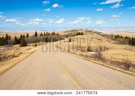 A Road Though Cypress Hills Interprovincial Park, Alberta, Canada In Spring