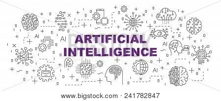 Ai Modern Illustration. Vector Artificial Intelligence Banner On White Background. Editable Stroke. 