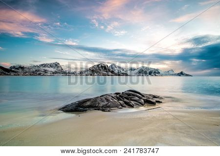 Haukland Beach In Lofoten, Norway At Sunset