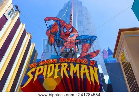 Orlando, Florida, Usa - May 09, 2018: Entrance To Spiderman Ride. Universal Studios Orlando Is A The