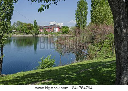 Early Springtime Green, Dry Reed Or Rush And House On A Beauty  Lake In Residential District Drujba,