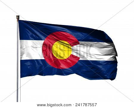 Flag Of State Of Colorado On A Flagpole, Isolated On White Background.