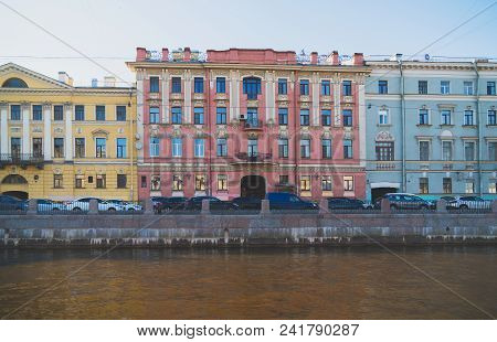 Embankment Of The Fontanka River In St. Petersburg. View From The River.