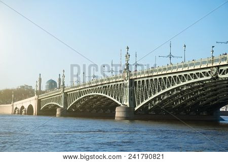 Troitsky Drawbridge Bridge Across The Neva River In St. Petersburg.