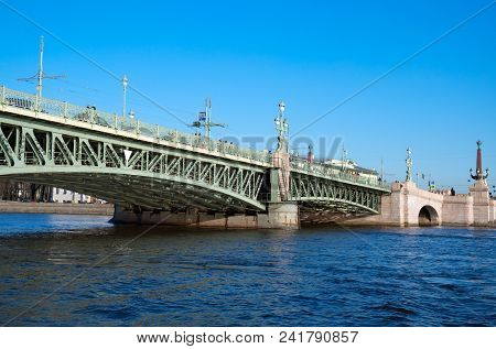 Troitsky Drawbridge Bridge Across The Neva River In St. Petersburg.