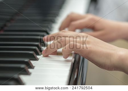 Children's Hands Are Playing The Piano. Child's Hand On Piano Keys.
