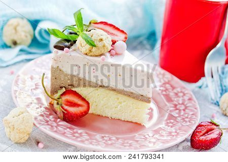 Homemade Layered Strawberry Chocolate Mousse Cake, Beautiful Piece Of Cake On A Plate