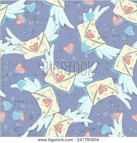Cute Seamless Love Pattern With Letters, Envelopes, Mail, Wind And Heart Post Stamps Hand Drawn In D