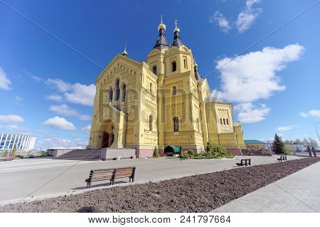 Nizhny Novgorod, Russia. - May 10.2018. The Orthodox Cathedral Of Alexander Nevsky Near Strelka Is T