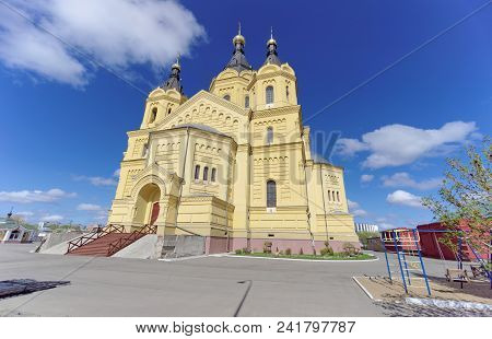 Nizhny Novgorod, Russia. - May 10.2018. The Orthodox Cathedral Of Alexander Nevsky Near Strelka Is T
