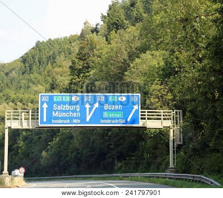 Road Signs With Directions To Cities And State Borders On The Austrian Motorway