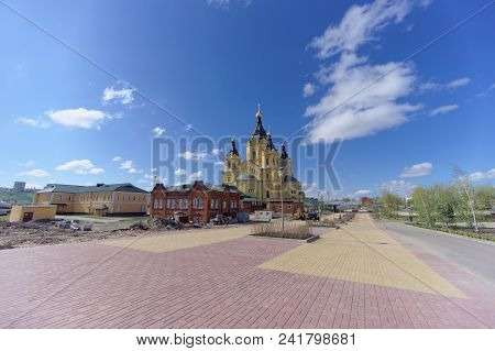 Nizhny Novgorod, Russia. - May 10.2018. The Orthodox Cathedral Of Alexander Nevsky Near Strelka Is T
