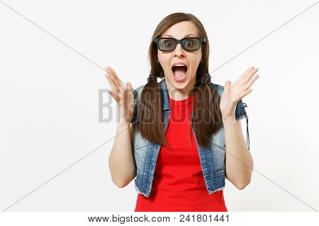 Portrait Of Young Shocked Scared Woman With Opened Mouth In 3d Glasses And Casual Clothes Watching M