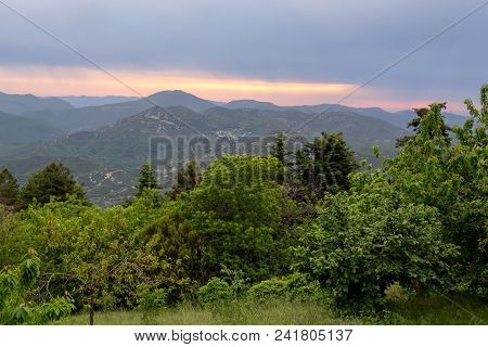 Landscape. View Of The Sunset In The Mountains And The Forest (greece, Peloponessus, Mountains Tayge