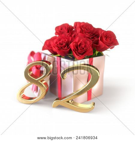 Birthday Concept With Red Roses In Gift Isolated On White Background. 3d Render - Eighty-second. 82n