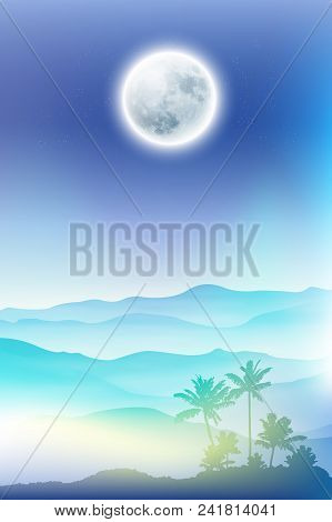 Background With Fullmoon And Palm Tree And Mountains In The Fog. Eps10 Vector.