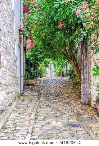Typrical Village Narrow Pathway Leading Up A Cobbled Walkway With Overhanding Green Foliage Of Trees
