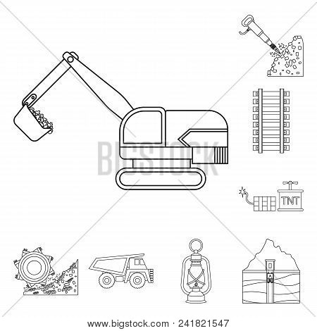 Mining Industry Outline Icons In Set Collection For Design. Equipment And Tools Vector Symbol Stock 