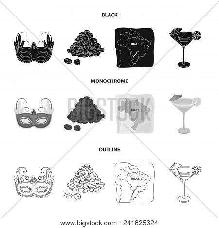 Brazil, Country, Mask, Carnival . Brazil Country Set Collection Icons In Black, Monochrome, Outline 