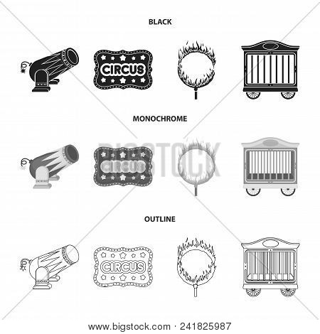 Circus Trailer, Circus Gun, Burning Hoop, Signboard.circus Set Collection Icons In Black, Monochrome