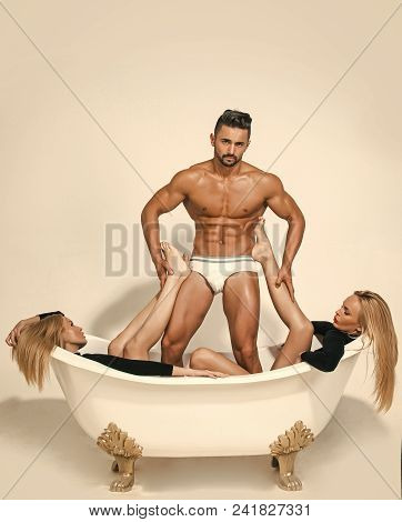 Family, Polygamy, Betrayal. Twins Women With Athlete Man, Hygiene, Healthcare. Relax, Spa, Bathroom,