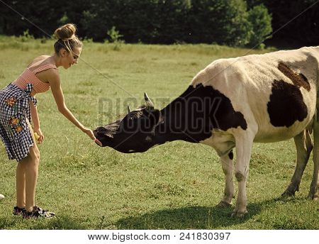 Happy Woman. Woman Farmer, Vet, Dairymaid, Agriculture. Dairy, Milk Production, Industry. Cow, Woman