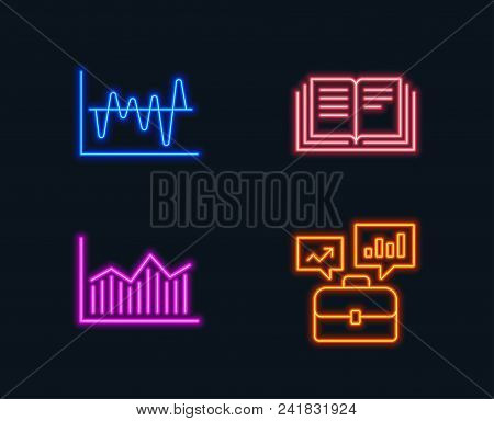 Neon Lights. Set Of Stock Analysis, Money Diagram And Education Icons. Business Portfolio Sign. Busi