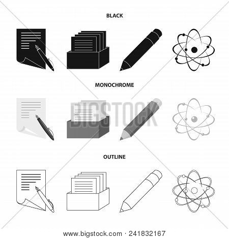 A Pen With Paper, A Catalog In A Box, A Red Pencil, An Atom With A Core. School Set Collection Icons