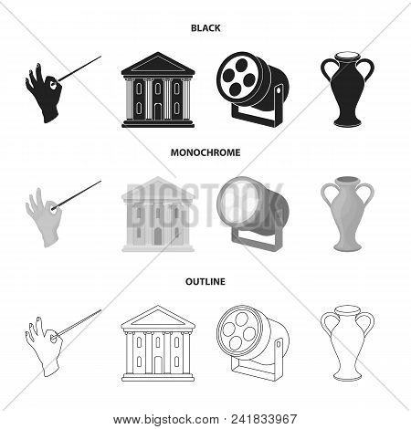 Conductor Baton, Theater Building, Searchlight, Amphora.theatre Set Collection Icons In Black, Monoc
