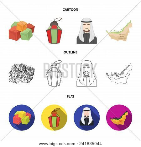 Eastern Sweets, Ramadan Lamp, Arab Sheikh, Territory.arab Emirates Set Collection Icons In Cartoon, 