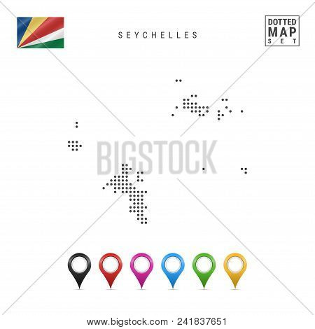Dotted Map Of Seychelles. Simple Silhouette Of Seychelles. The National Flag Of Seychelles. Set Of M