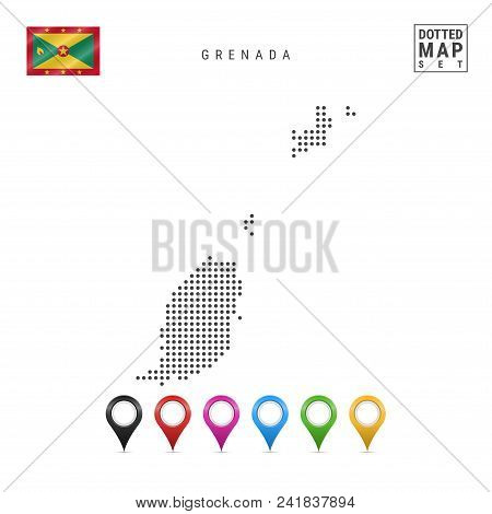 Dotted Map Of Grenada. Simple Silhouette Of Grenada. The National Flag Of Grenada. Set Of Multicolor