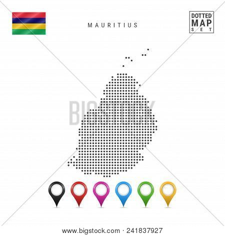 Dotted Map Of Mauritius. Simple Silhouette Of Mauritius. The National Flag Of Mauritius. Set Of Mult