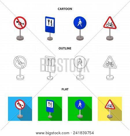 Different Types Of Road Signs Cartoon, Outline, Flat Icons In Set Collection For Design. Warning And