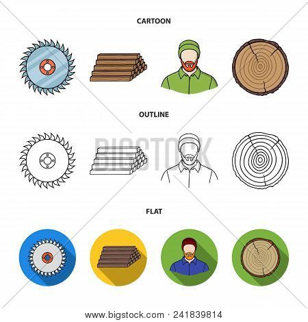 Circular Saw, A Working Carpenter, A Stack Of Logs. A Sawmill And Timber Set Collection Icons In Car