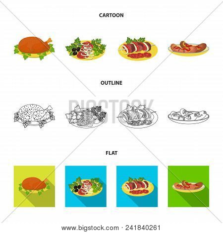 Fried Chicken, Vegetable Salad, Shish Kebab With Vegetables, Fried Sausages On A Plate. Food And Coo