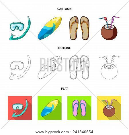 Diving, Surfing, Cocktail.summer Vacation Set Collection Icons In Cartoon, Outline, Flat Style Vecto