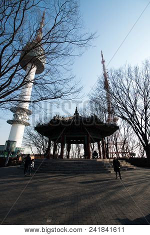N Seoul Tower Landmark In Seoul Korea 
Near Big Trees And Fairfax.