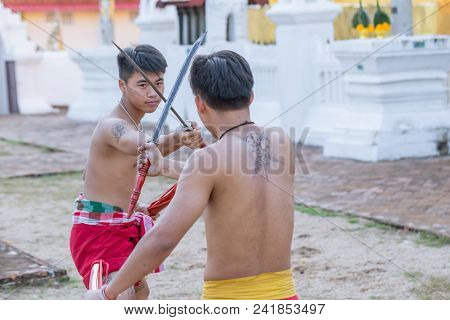 Thai Ancient Warrior Swordsmanship Fighting Action With Sword And Spear Weapon In Northern Lanna Cul