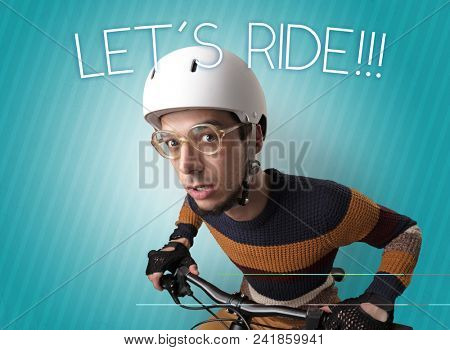 Kooky young guy on a bike with cyclist keywording and streaky background