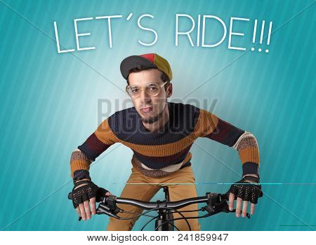 Kooky young guy on a bike with cyclist keywording and streaky background