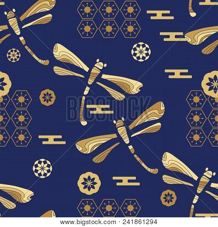 Beautiful Japanese Seamless  Pattern With Dragonfiles. Chinese, Japanese Elements.vector Unique Seam
