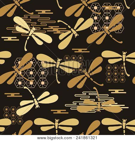 Beautiful Japanese Seamless  Pattern With Dragonfiles. Chinese, Japanese Elements.vector Unique Seam
