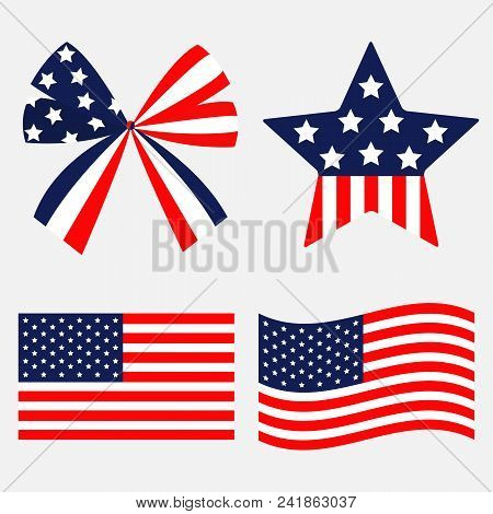 Ribbon Bow Star Shape American Flag Wave Icon Set. Stars And Strips . Isolated. Red And Blue Color. 