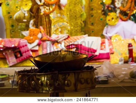Lit Brass Lamp On Top Of A Brass Stand Or Worship Idol Durgapuja India Diwali