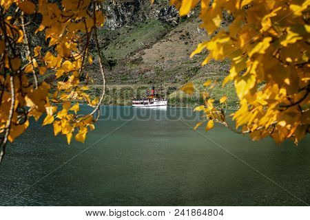 The Steamship Tss Earnslaw Sailing Across Lake Wakatipu In New Zealand, Framed With The Golden Folia